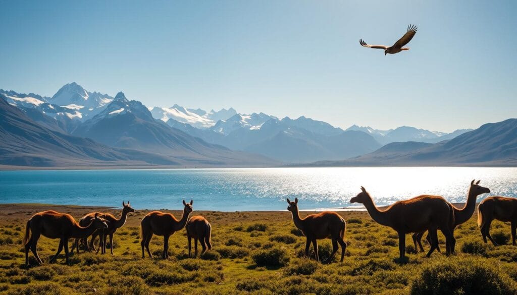 A lush, verdant landscape in the heart of Argentina's Patagonia region, bathed in the warm glow of the afternoon sun. In the foreground, a group of curious guanacos grazes peacefully, their camel-like features silhouetted against the breathtaking backdrop of snow-capped peaks. In the middle ground, a pristine lake reflects the surrounding natural beauty, its crystal-clear waters shimmering with the gentle ripples of a light breeze. In the distance, a pair of soaring Andean condors, their majestic wings outstretched, glide effortlessly through the crisp, clear sky, providing a sense of awe and wonder to the wildlife-watching experience. The overall scene evokes a serene, tranquil atmosphere, perfectly capturing the essence of the best time to witness Argentina's diverse and captivating wildlife. A lush, verdant landscape in the heart of Argentina's Patagonia region, bathed in the warm glow of the afternoon sun. In the foreground, a group of curious guanacos grazes peacefully, their camel-like features silhouetted against the breathtaking backdrop of snow-capped peaks. In the middle ground, a pristine lake reflects the surrounding natural beauty, its crystal-clear waters shimmering with the gentle ripples of a light breeze. In the distance, a pair of soaring Andean condors, their majestic wings outstretched, glide effortlessly through the crisp, clear sky, providing a sense of awe and wonder to the wildlife-watching experience. The overall scene evokes a serene, tranquil atmosphere, perfectly capturing the essence of the best time to witness Argentina's diverse and captivating wildlife.