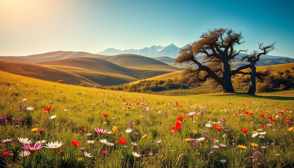 A lush, vibrant landscape in Argentina during the spring season. In the foreground, a grassy meadow dotted with blooming wildflowers in a kaleidoscope of colors, from delicate pastel hues to vibrant splashes of red, yellow, and purple. The middle ground features rolling hills covered in verdant foliage, with the occasional gnarled tree casting soft shadows. In the distance, the snow-capped peaks of the Andes mountains rise majestically against a clear, azure sky, bathed in warm, golden sunlight. A gentle breeze rustles the leaves, creating a serene, tranquil atmosphere. The scene exudes a sense of renewed life and rejuvenation, perfectly capturing the essence of an Argentine spring. A lush, vibrant landscape in Argentina during the spring season. In the foreground, a grassy meadow dotted with blooming wildflowers in a kaleidoscope of colors, from delicate pastel hues to vibrant splashes of red, yellow, and purple. The middle ground features rolling hills covered in verdant foliage, with the occasional gnarled tree casting soft shadows. In the distance, the snow-capped peaks of the Andes mountains rise majestically against a clear, azure sky, bathed in warm, golden sunlight. A gentle breeze rustles the leaves, creating a serene, tranquil atmosphere. The scene exudes a sense of renewed life and rejuvenation, perfectly capturing the essence of an Argentine spring.