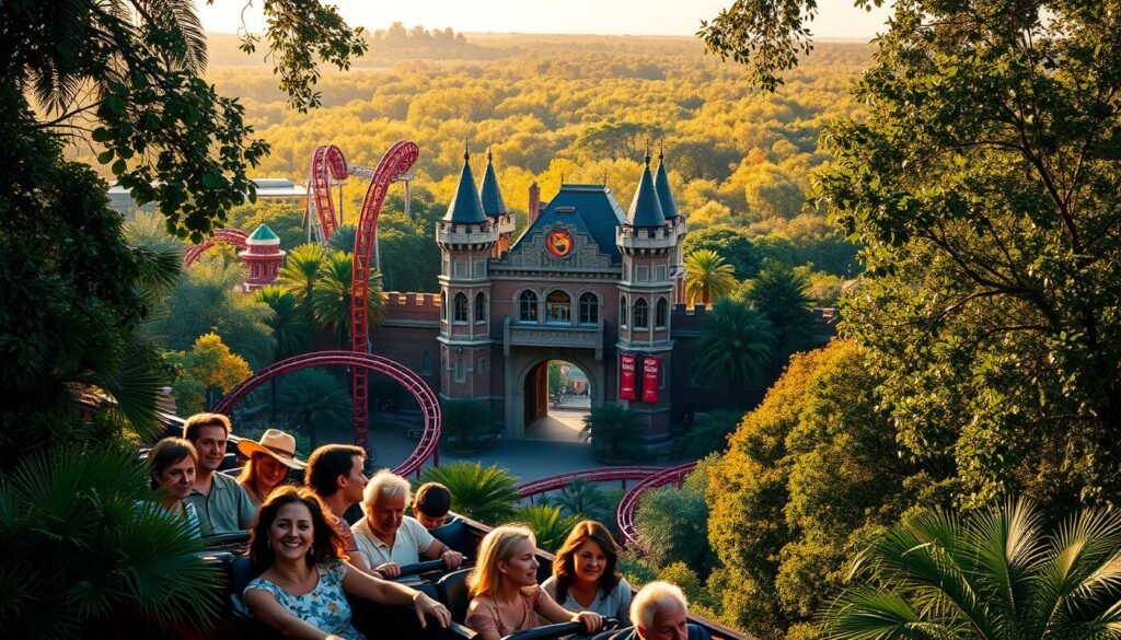 A lush, vibrant landscape of Busch Gardens Tampa Bay, where thrilling rides and serene natural wonders coexist in perfect harmony. In the foreground, a group of visitors explore the park's iconic roller coasters, their expressions filled with exhilaration as they navigate the twists and turns. The middle ground features the grand, castle-like architecture of the park's entrance, its intricate details casting long shadows under the warm, golden light of the Florida sun. In the background, a dense, verdant forest frames the scene, hinting at the hidden pockets of tranquility and wildlife that await the adventurous explorer. The overall atmosphere is one of excitement, wonder, and a deep appreciation for the perfect balance of man-made thrills and the untamed beauty of nature. A lush, vibrant landscape of Busch Gardens Tampa Bay, where thrilling rides and serene natural wonders coexist in perfect harmony. In the foreground, a group of visitors explore the park's iconic roller coasters, their expressions filled with exhilaration as they navigate the twists and turns. The middle ground features the grand, castle-like architecture of the park's entrance, its intricate details casting long shadows under the warm, golden light of the Florida sun. In the background, a dense, verdant forest frames the scene, hinting at the hidden pockets of tranquility and wildlife that await the adventurous explorer. The overall atmosphere is one of excitement, wonder, and a deep appreciation for the perfect balance of man-made thrills and the untamed beauty of nature.