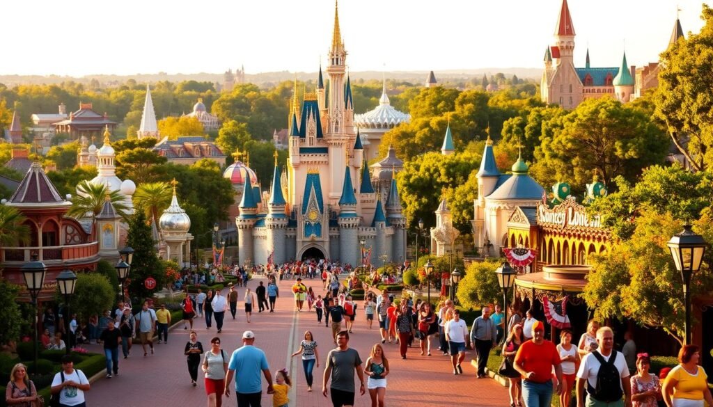 A lush, vibrant scene of the iconic Walt Disney World Magic Kingdom. In the foreground, the grand Cinderella Castle stands tall, its turrets and spires shimmering in the warm sunlight. Guests stroll along the cobblestone pathways, immersed in the whimsical atmosphere. In the middle ground, colorful parades and lively character meet-and-greets unfold, creating a sense of joy and wonder. The background showcases the enchanting lands of the park, from the futuristic Tomorrowland to the storybook charm of Fantasyland, all bathed in a golden, magical glow. The image conveys the park's unparalleled ability to transport visitors of all ages into a world of fantasy and adventure.