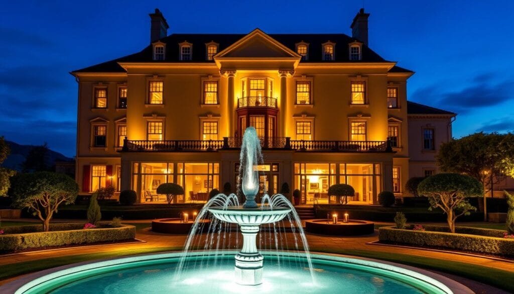 A luxurious 5-star hotel in Galway, Ireland, stands majestically against the backdrop of the scenic Galway Bay. The grand, Georgian-style facade is illuminated by warm, golden lighting, creating a inviting and opulent atmosphere. The hotel's well-manicured gardens and elegant water fountain in the foreground invite guests to explore the property. Through the large windows, glimpses of the hotel's lavish interiors can be seen, hinting at the high-end accommodations and amenities within. The scene is bathed in a soft, romantic glow, evoking a sense of refined sophistication and relaxation. A luxurious 5-star hotel in Galway, Ireland, stands majestically against the backdrop of the scenic Galway Bay. The grand, Georgian-style facade is illuminated by warm, golden lighting, creating a inviting and opulent atmosphere. The hotel's well-manicured gardens and elegant water fountain in the foreground invite guests to explore the property. Through the large windows, glimpses of the hotel's lavish interiors can be seen, hinting at the high-end accommodations and amenities within. The scene is bathed in a soft, romantic glow, evoking a sense of refined sophistication and relaxation.