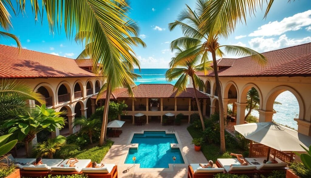 A luxurious beachfront resort nestled amidst lush, verdant foliage in the heart of Brazil's coastal paradise. The grand, colonial-style architecture features elegant arched entryways, intricate tiled roofs, and a magnificent central courtyard with a sparkling turquoise swimming pool. Sunlight filters through swaying palm fronds, casting a warm, golden glow over the scene. In the distance, the shimmering azure ocean laps against the pristine, white-sand beach. Guests lounge on plush, cushioned daybeds, sipping refreshing cocktails and gazing out at the breathtaking ocean view. This is a tranquil, sophisticated oasis of comfort and indulgence, perfectly capturing the essence of luxury accommodations in Brazil. A luxurious beachfront resort nestled amidst lush, verdant foliage in the heart of Brazil's coastal paradise. The grand, colonial-style architecture features elegant arched entryways, intricate tiled roofs, and a magnificent central courtyard with a sparkling turquoise swimming pool. Sunlight filters through swaying palm fronds, casting a warm, golden glow over the scene. In the distance, the shimmering azure ocean laps against the pristine, white-sand beach. Guests lounge on plush, cushioned daybeds, sipping refreshing cocktails and gazing out at the breathtaking ocean view. This is a tranquil, sophisticated oasis of comfort and indulgence, perfectly capturing the essence of luxury accommodations in Brazil.