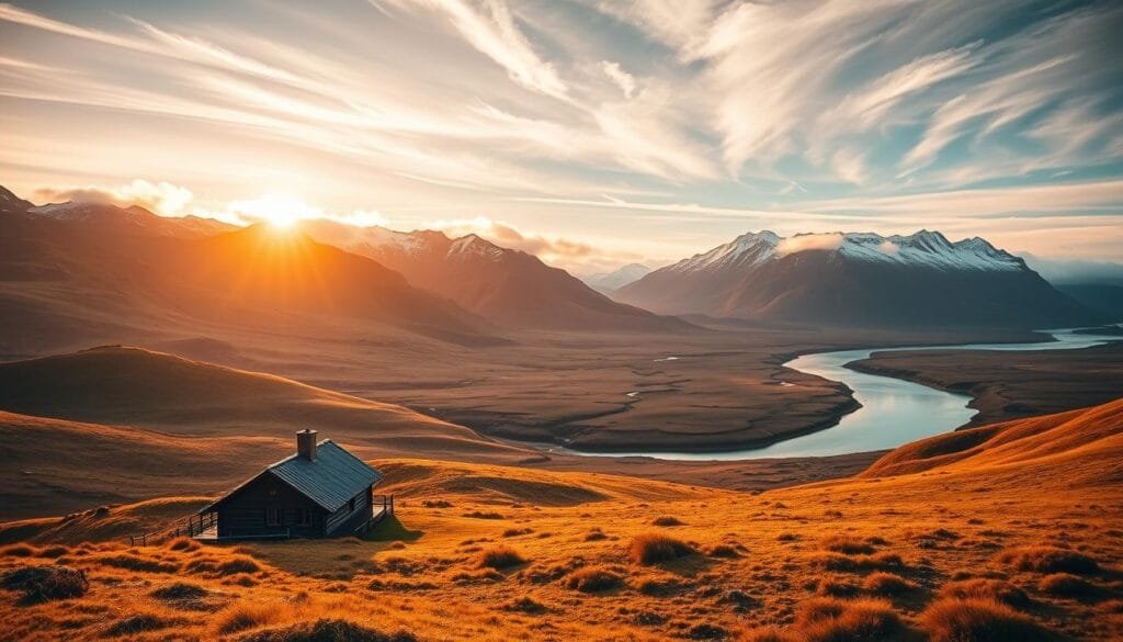A majestic Icelandic landscape bathed in soft, golden light, capturing the essence of the country's renowned hospitality. In the foreground, a cozy wooden cabin nestled amidst rolling hills, its warm glow inviting weary travelers to rest. The middle ground reveals a winding river, its turquoise waters reflecting the rugged, snow-capped mountains in the distance. Wispy clouds drift across the tranquil sky, creating a serene and peaceful atmosphere. The scene exudes a sense of tranquility and natural beauty, perfectly encapsulating the welcoming and calming ambiance that defines Iceland's renowned hospitality. A majestic Icelandic landscape bathed in soft, golden light, capturing the essence of the country's renowned hospitality. In the foreground, a cozy wooden cabin nestled amidst rolling hills, its warm glow inviting weary travelers to rest. The middle ground reveals a winding river, its turquoise waters reflecting the rugged, snow-capped mountains in the distance. Wispy clouds drift across the tranquil sky, creating a serene and peaceful atmosphere. The scene exudes a sense of tranquility and natural beauty, perfectly encapsulating the welcoming and calming ambiance that defines Iceland's renowned hospitality.