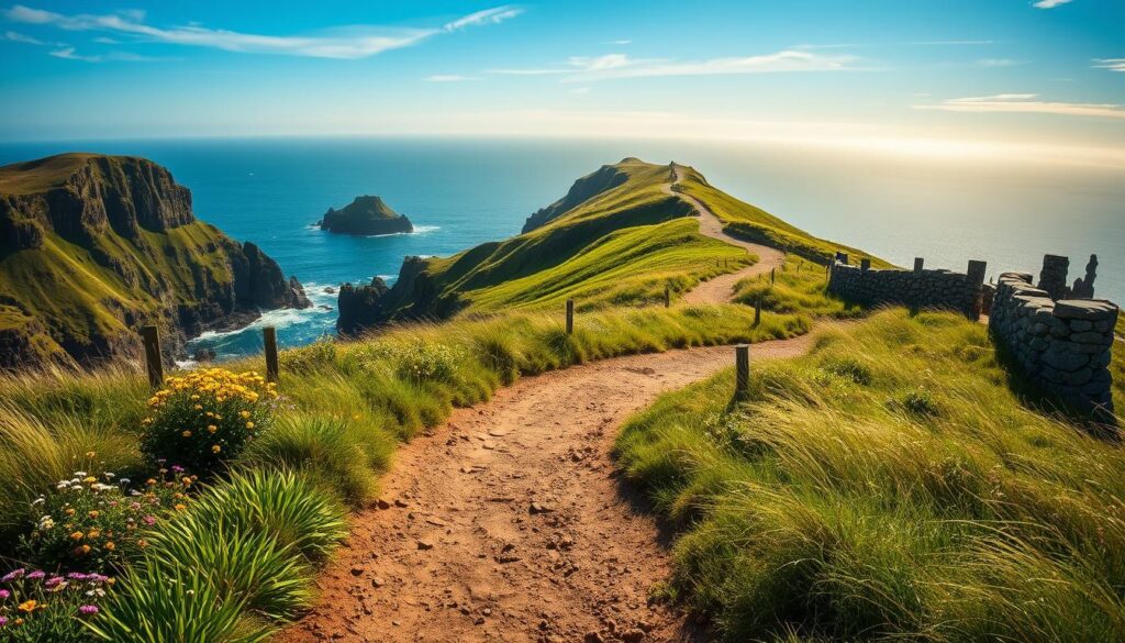 A majestic coastal hiking trail winds through rugged cliffs and lush, windswept meadows along the Wild Atlantic Way. In the foreground, a well-trodden dirt path leads the viewer onward, flanked by vibrant wildflowers and ancient stone walls. The middle ground reveals a panoramic vista of the crashing waves below, the salty sea breeze ruffling the grasses. In the distance, towering sea stacks and distant headlands fade into a hazy horizon, bathed in the soft, golden light of the setting sun. An aura of tranquility and adventure permeates the scene, capturing the essence of this iconic Irish hiking experience.