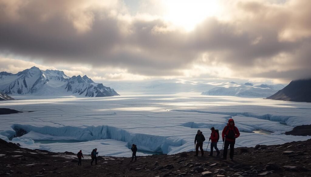 A majestic glacier landscape under a dramatic, moody sky. In the foreground, a group of adventurous hikers traverses the icy terrain, their gear and equipment adding a sense of scale. Towering, crystalline peaks and serrated ridges rise in the middle distance, casting long shadows across the frozen expanse. In the background, the vast, undulating Vatnajökull glacier stretches to the horizon, its brilliant white surface punctuated by deep crevasses and azure-hued meltwater pools. Diffused, golden sunlight filters through the clouds, casting a warm glow over the scene and lending an air of tranquility and awe. Shot with a wide-angle lens to capture the grandeur of the environment.
