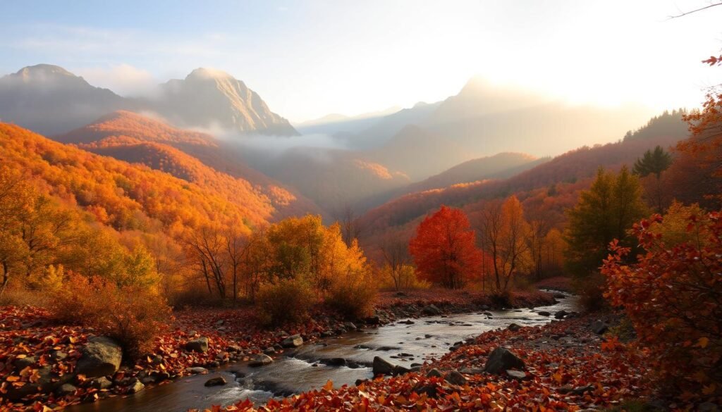 A majestic landscape of the Great Smoky Mountains in vibrant autumn splendor. In the foreground, a tranquil stream winds through a carpet of fallen leaves in hues of gold, orange, and crimson. Towering, mist-shrouded peaks rise in the middle distance, their slopes blanketed in a tapestry of autumnal foliage. Warm, diffused sunlight filters through the canopy, casting a soft, ethereal glow over the scene. The overall atmosphere is one of serene, natural beauty, inviting the viewer to immerse themselves in the resplendent, unspoiled wilderness of this iconic American national park.