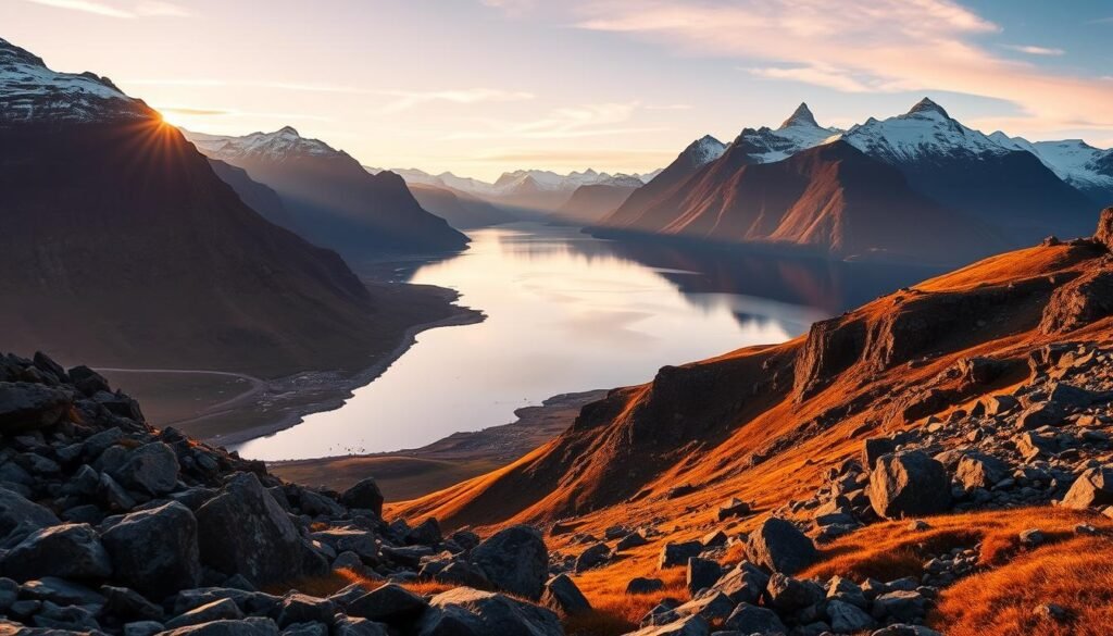A majestic landscape of the Westfjords, Iceland, bathed in the warm glow of the evening sun. In the foreground, rugged cliffs and rocky shores give way to a serene fjord, its mirror-like surface reflecting the surrounding peaks. Farther in the distance, snow-capped mountains rise up, their jagged silhouettes cutting across the sky. The scene is framed by a wide-angle lens, capturing the grandeur and vastness of this remote and unspoiled region. The mood is one of tranquility and awe, inviting the viewer to immerse themselves in the natural beauty of this hidden gem of Iceland.