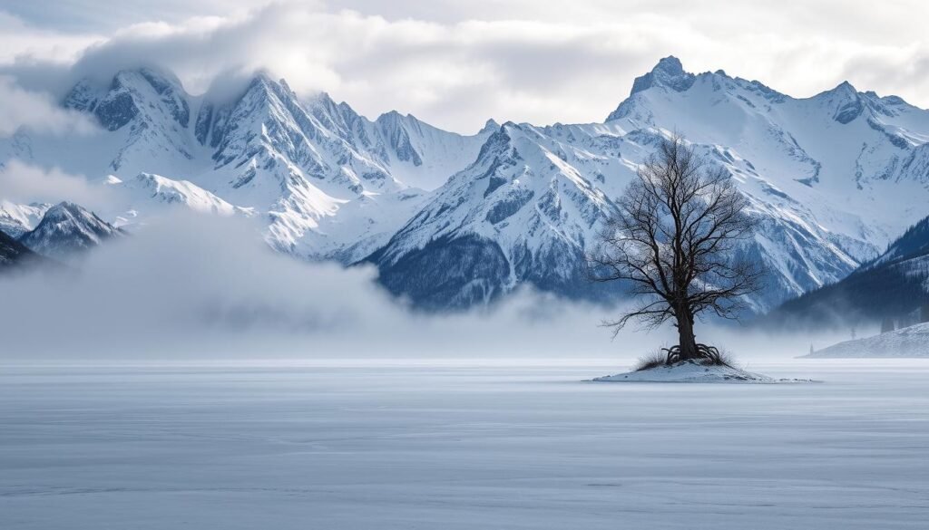 A majestic, snow-covered Andean landscape in the heart of Argentina's winter. In the foreground, a frozen lake reflects the towering, jagged peaks above, their slopes blanketed in pristine, glistening white. Wisps of fog drift across the scene, lending an ethereal, mysterious atmosphere. In the middle ground, a lone, wind-weathered tree stands sentinel, its bare branches reaching skyward. The background is dominated by a panorama of rugged, ice-capped mountains, their jagged silhouettes etched against a dramatic, steel-gray sky. The lighting is soft and diffused, accentuating the serene, hushed tranquility of this winter wonderland. A majestic, snow-covered Andean landscape in the heart of Argentina's winter. In the foreground, a frozen lake reflects the towering, jagged peaks above, their slopes blanketed in pristine, glistening white. Wisps of fog drift across the scene, lending an ethereal, mysterious atmosphere. In the middle ground, a lone, wind-weathered tree stands sentinel, its bare branches reaching skyward. The background is dominated by a panorama of rugged, ice-capped mountains, their jagged silhouettes etched against a dramatic, steel-gray sky. The lighting is soft and diffused, accentuating the serene, hushed tranquility of this winter wonderland.