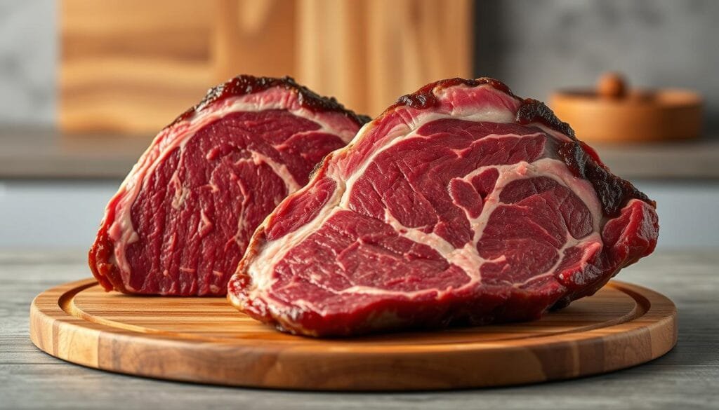 A mouth-watering display of Brazilian steak cuts, Picanha and Fraldinha, captured in a high-resolution, hyper-realistic photograph. The cuts are prominently featured in the foreground, their marbled textures and rich, crimson hues accentuated by warm, directional lighting. In the middle ground, a wooden cutting board provides a rustic, earthy backdrop, while the background suggests a minimalist, modern kitchen setting, with clean lines and muted tones. The image conveys the premium quality and distinctive flavors of these beloved Brazilian steaks, inviting the viewer to savor the culinary delights of Brazilian cuisine. A mouth-watering display of Brazilian steak cuts, Picanha and Fraldinha, captured in a high-resolution, hyper-realistic photograph. The cuts are prominently featured in the foreground, their marbled textures and rich, crimson hues accentuated by warm, directional lighting. In the middle ground, a wooden cutting board provides a rustic, earthy backdrop, while the background suggests a minimalist, modern kitchen setting, with clean lines and muted tones. The image conveys the premium quality and distinctive flavors of these beloved Brazilian steaks, inviting the viewer to savor the culinary delights of Brazilian cuisine.