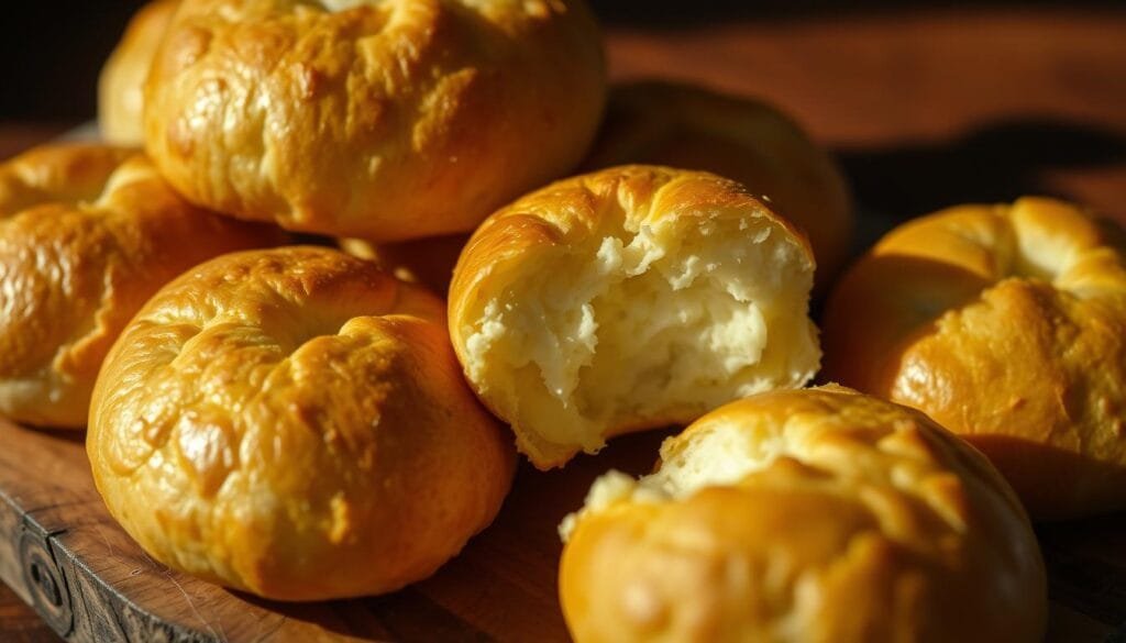 A mouthwatering close-up of freshly baked Brazilian cheese bread, or Pão de Queijo, with a golden, crispy exterior and a soft, cheesy interior. The bread is arranged on a rustic wooden board, casting warm, soft shadows across the scene. The lighting is natural and slightly diffused, creating a cozy, inviting atmosphere. The camera angle is slightly elevated, allowing the viewer to appreciate the intricate texture and layers of the bread. The background is blurred, keeping the focus on the delectable Pão de Queijo, the star of this culinary delight. A mouthwatering close-up of freshly baked Brazilian cheese bread, or Pão de Queijo, with a golden, crispy exterior and a soft, cheesy interior. The bread is arranged on a rustic wooden board, casting warm, soft shadows across the scene. The lighting is natural and slightly diffused, creating a cozy, inviting atmosphere. The camera angle is slightly elevated, allowing the viewer to appreciate the intricate texture and layers of the bread. The background is blurred, keeping the focus on the delectable Pão de Queijo, the star of this culinary delight.