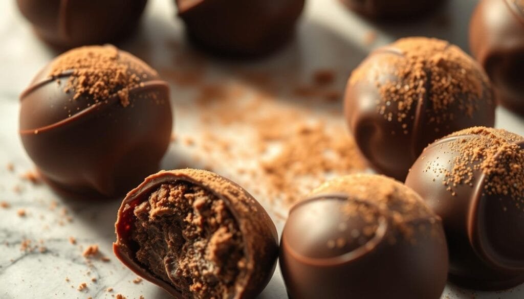 A mouthwatering close-up of freshly made Brazilian brigadeiro chocolates, glistening under soft, warm lighting. The truffles sit atop a marble surface, their rich, fudgy centers encased in a thin, glossy shell of dark chocolate. Arranged in an elegant, asymmetrical pattern, the brigadeiros are dusted with a light coating of cocoa powder, adding a subtle contrast to their velvety texture. The scene evokes the indulgent, comforting flavors of this beloved Brazilian confection, inviting the viewer to imagine the decadent, melt-in-your-mouth experience of savoring each bite. A mouthwatering close-up of freshly made Brazilian brigadeiro chocolates, glistening under soft, warm lighting. The truffles sit atop a marble surface, their rich, fudgy centers encased in a thin, glossy shell of dark chocolate. Arranged in an elegant, asymmetrical pattern, the brigadeiros are dusted with a light coating of cocoa powder, adding a subtle contrast to their velvety texture. The scene evokes the indulgent, comforting flavors of this beloved Brazilian confection, inviting the viewer to imagine the decadent, melt-in-your-mouth experience of savoring each bite.
