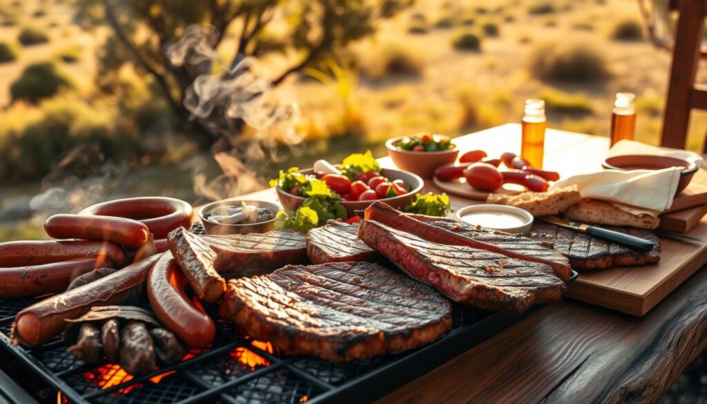 A mouthwatering display of Argentine asado, the beloved art of open-fire grilling. In the foreground, juicy steaks, chorizo sausages, and bone-in ribeyes sizzle over a glowing charcoal grill, their smoky aroma wafting through the air. The middle ground reveals a rustic wooden table, adorned with a bounty of fresh salads, chimichurri sauce, and crusty bread, inviting diners to indulge. In the background, a lush, sun-dappled landscape frames the scene, evoking the laidback, convivial spirit of Argentine cuisine. Warm, golden lighting bathes the entire composition, creating an inviting, earthy atmosphere that captures the essence of this quintessential Argentine culinary experience.