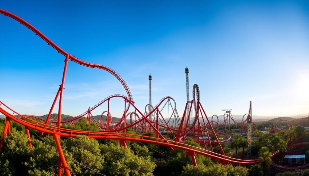 A panoramic vista of Six Flags Magic Mountain, showcasing its iconic roller coasters against a vibrant blue sky. In the foreground, the sleek, twisting tracks of the Twisted Colossus dominate the scene, its bright red supports contrasting with the lush greenery. In the middle ground, the towering spires of the Goliath roller coaster pierce the sky, its steep drops and hairpin turns promising an adrenaline-fueled ride. In the background, the silhouettes of additional coasters, like the X2 and Tatsu, emerge, creating a tapestry of thrilling experiences. The image is captured with a wide-angle lens, emphasizing the scale and grandeur of this roller coaster paradise, bathed in warm, golden sunlight that casts dramatic shadows across the landscape. A panoramic vista of Six Flags Magic Mountain, showcasing its iconic roller coasters against a vibrant blue sky. In the foreground, the sleek, twisting tracks of the Twisted Colossus dominate the scene, its bright red supports contrasting with the lush greenery. In the middle ground, the towering spires of the Goliath roller coaster pierce the sky, its steep drops and hairpin turns promising an adrenaline-fueled ride. In the background, the silhouettes of additional coasters, like the X2 and Tatsu, emerge, creating a tapestry of thrilling experiences. The image is captured with a wide-angle lens, emphasizing the scale and grandeur of this roller coaster paradise, bathed in warm, golden sunlight that casts dramatic shadows across the landscape.