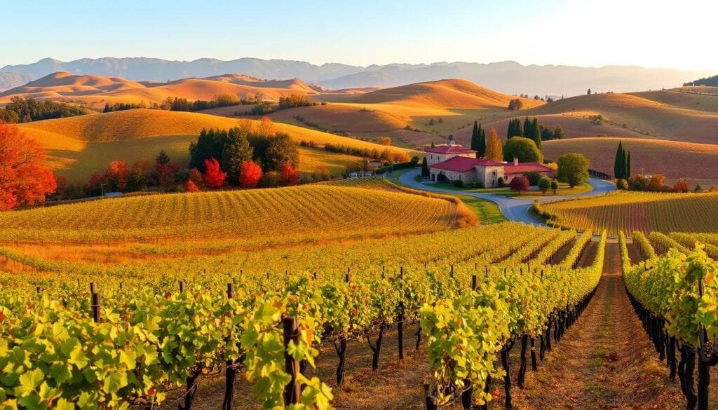 A picturesque Napa Valley autumn landscape, with lush, rolling hills blanketed in vibrant hues of gold, orange, and crimson. In the foreground, a sprawling vineyard with rows of neatly trellised vines, their leaves rustling gently in the soft breeze. Mid-ground, a winding country road leads the eye towards a quaint, historic winery, its stone walls and red-tiled roof bathed in the warm glow of the setting sun. In the distance, the majestic Mayacamas Mountains rise up, their peaks shrouded in a hazy, atmospheric light. The scene exudes a sense of tranquility and abundance, perfectly capturing the essence of the Napa Valley wine harvest season.