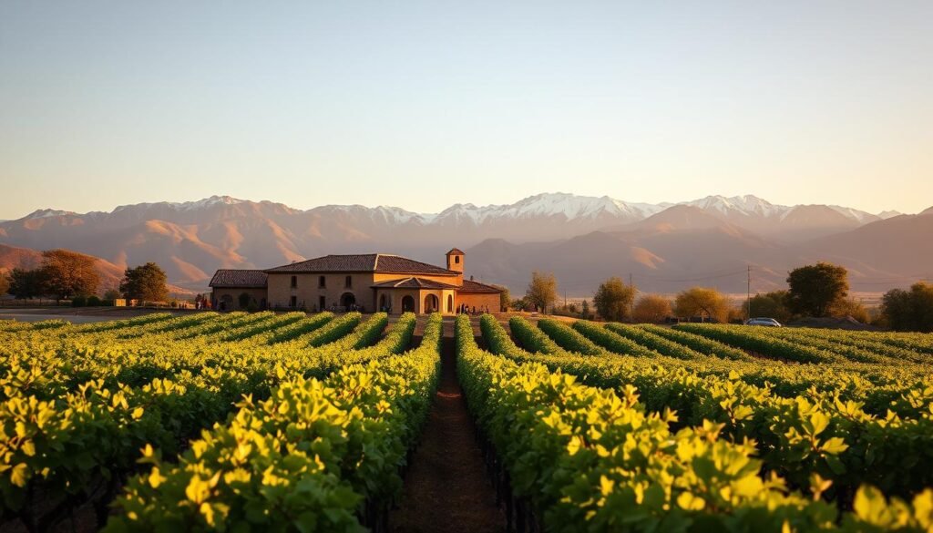 A picturesque vineyard landscape in the Mendoza Wine Region of Argentina, bathed in warm, golden afternoon sunlight. In the foreground, rows of lush, verdant grapevines stretch out, their leaves gently swaying in a light breeze. In the middle ground, a traditional adobe winery with a red-tiled roof stands proudly, its stone walls casting long shadows. Beyond, the majestic Andes mountains rise up, their snow-capped peaks glowing under the setting sun. Local workers can be seen tending to the vines, while visitors sip on rich, full-bodied Malbecs at outdoor tables, immersed in the region's vibrant wine culture and breathtaking natural beauty.