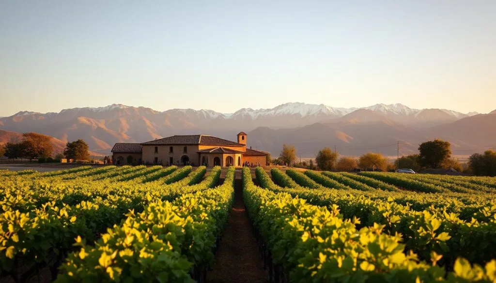 A picturesque vineyard landscape in the Mendoza Wine Region of Argentina, bathed in warm, golden afternoon sunlight. In the foreground, rows of lush, verdant grapevines stretch out, their leaves gently swaying in a light breeze. In the middle ground, a traditional adobe winery with a red-tiled roof stands proudly, its stone walls casting long shadows. Beyond, the majestic Andes mountains rise up, their snow-capped peaks glowing under the setting sun. Local workers can be seen tending to the vines, while visitors sip on rich, full-bodied Malbecs at outdoor tables, immersed in the region's vibrant wine culture and breathtaking natural beauty.