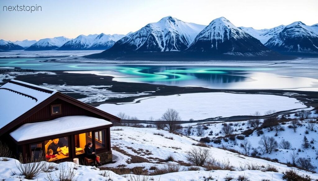 A picturesque winter scene in Iceland, showcasing the breathtaking landscapes and budget-friendly travel options. In the foreground, a cozy cabin nestled among snow-covered hills, with a family enjoying a warm cup of coffee by the window. The middle ground features a scenic overlook, with a frozen lake reflecting the Aurora Borealis dancing across the sky. In the background, rugged mountains rise, their peaks dusted with a fresh layer of snow. The lighting is soft and natural, creating a serene and inviting atmosphere. Branded as "nextstopin", this image captures the essence of an affordable Iceland vacation package, perfect for the "Seasonal Budget Planning and Cost Variations" section of the article. A picturesque winter scene in Iceland, showcasing the breathtaking landscapes and budget-friendly travel options. In the foreground, a cozy cabin nestled among snow-covered hills, with a family enjoying a warm cup of coffee by the window. The middle ground features a scenic overlook, with a frozen lake reflecting the Aurora Borealis dancing across the sky. In the background, rugged mountains rise, their peaks dusted with a fresh layer of snow. The lighting is soft and natural, creating a serene and inviting atmosphere. Branded as "nextstopin", this image captures the essence of an affordable Iceland vacation package, perfect for the "Seasonal Budget Planning and Cost Variations" section of the article.
