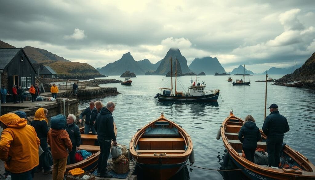 A quaint harbor on the rugged coast of Ireland's Skellig Islands, wooden fishing boats bob gently on the tranquil waters. In the foreground, a group of adventurous travelers prepare for their journey, donning weather-resistant gear and stowing their belongings. The midground reveals the bustling activity of the dock, with locals and crew members loading supplies and equipment onto the boats. In the distance, the iconic silhouettes of the Skellig Islands rise majestically against a moody, overcast sky, hinting at the dramatic landscapes that await. Warm natural lighting casts a soft, golden glow, creating an atmosphere of anticipation and wonder. A wide-angle lens captures the scene, emphasizing the scale and grandeur of this remote and enchanting setting. A quaint harbor on the rugged coast of Ireland's Skellig Islands, wooden fishing boats bob gently on the tranquil waters. In the foreground, a group of adventurous travelers prepare for their journey, donning weather-resistant gear and stowing their belongings. The midground reveals the bustling activity of the dock, with locals and crew members loading supplies and equipment onto the boats. In the distance, the iconic silhouettes of the Skellig Islands rise majestically against a moody, overcast sky, hinting at the dramatic landscapes that await. Warm natural lighting casts a soft, golden glow, creating an atmosphere of anticipation and wonder. A wide-angle lens captures the scene, emphasizing the scale and grandeur of this remote and enchanting setting.