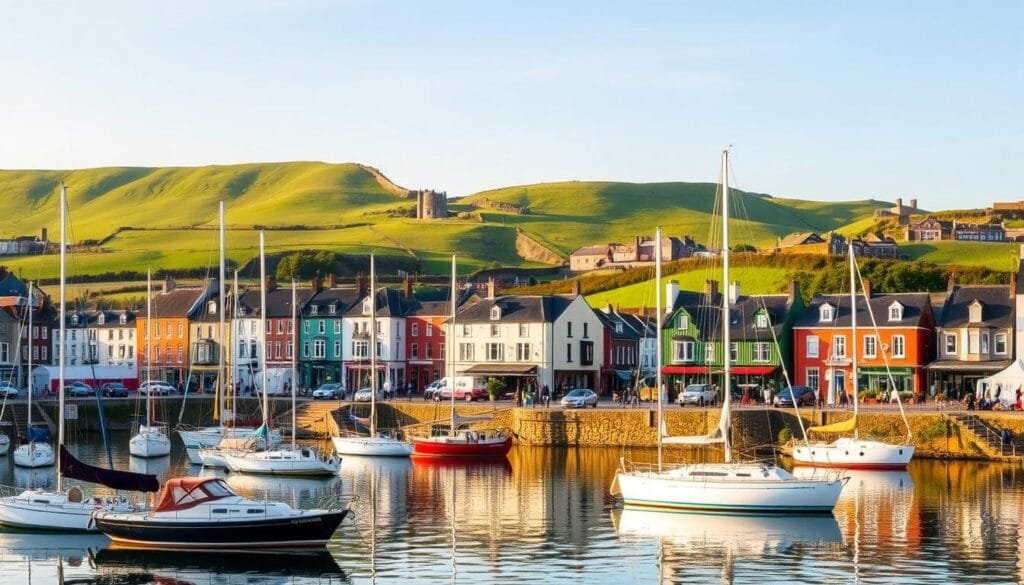 A quaint seaside town nestled along Ireland's southern coast, Kinsale's charming harbor and colorful buildings set the stage for a delightful day trip. In the foreground, sailboats gently bob in the calm waters, their reflections mirroring the town's iconic architecture. The middle ground features cobblestone streets and lively cafes, where locals and visitors mingle. In the background, rolling green hills dotted with historic landmarks create a picturesque pastoral scene, bathed in the soft, warm glow of an afternoon sun. The overall mood is one of tranquility and timeless elegance, inviting the viewer to explore the town's rich history and vibrant culture. A quaint seaside town nestled along Ireland's southern coast, Kinsale's charming harbor and colorful buildings set the stage for a delightful day trip. In the foreground, sailboats gently bob in the calm waters, their reflections mirroring the town's iconic architecture. The middle ground features cobblestone streets and lively cafes, where locals and visitors mingle. In the background, rolling green hills dotted with historic landmarks create a picturesque pastoral scene, bathed in the soft, warm glow of an afternoon sun. The overall mood is one of tranquility and timeless elegance, inviting the viewer to explore the town's rich history and vibrant culture.