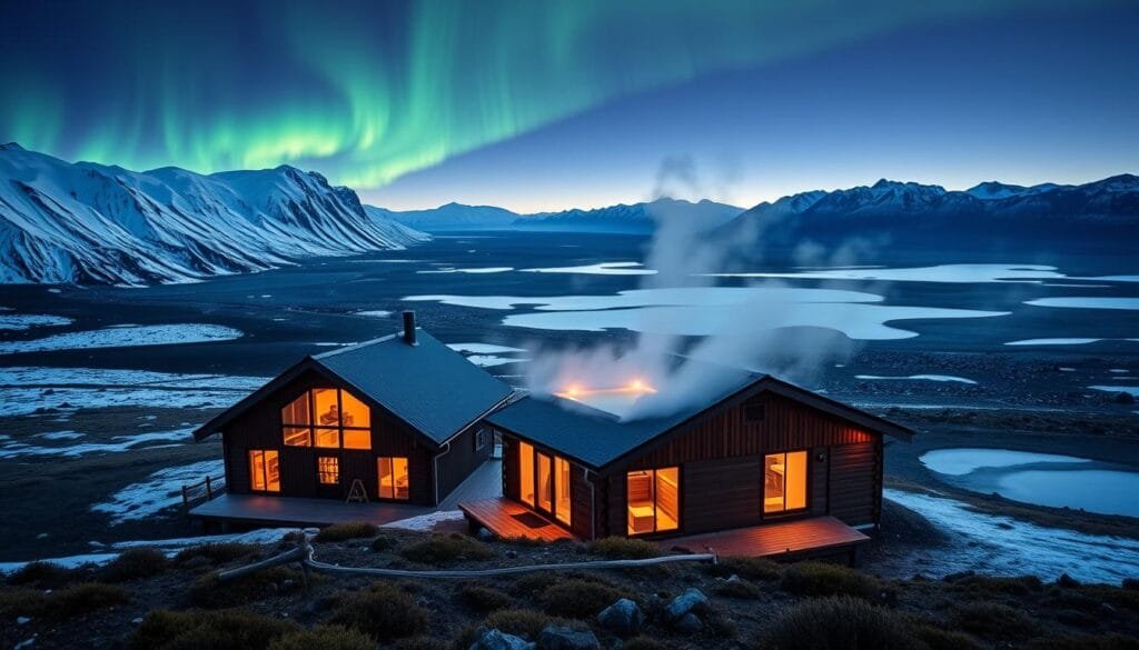 A romantic hotel nestled in the Icelandic countryside, surrounded by snow-capped mountains and tranquil glacial lagoons. In the foreground, a cozy cabin with a wooden exterior and large picture windows, inviting guests to admire the breathtaking natural scenery. The middle ground features a steaming geothermal pool, its warm waters beckoning couples to relax and unwind under the auroras dancing across the night sky. In the background, a dramatic landscape of rugged lava fields and serene lakes, illuminated by the soft glow of the midnight sun. The scene exudes a sense of peaceful isolation, creating the perfect atmosphere for a couple's intimate getaway. A romantic hotel nestled in the Icelandic countryside, surrounded by snow-capped mountains and tranquil glacial lagoons. In the foreground, a cozy cabin with a wooden exterior and large picture windows, inviting guests to admire the breathtaking natural scenery. The middle ground features a steaming geothermal pool, its warm waters beckoning couples to relax and unwind under the auroras dancing across the night sky. In the background, a dramatic landscape of rugged lava fields and serene lakes, illuminated by the soft glow of the midnight sun. The scene exudes a sense of peaceful isolation, creating the perfect atmosphere for a couple's intimate getaway.