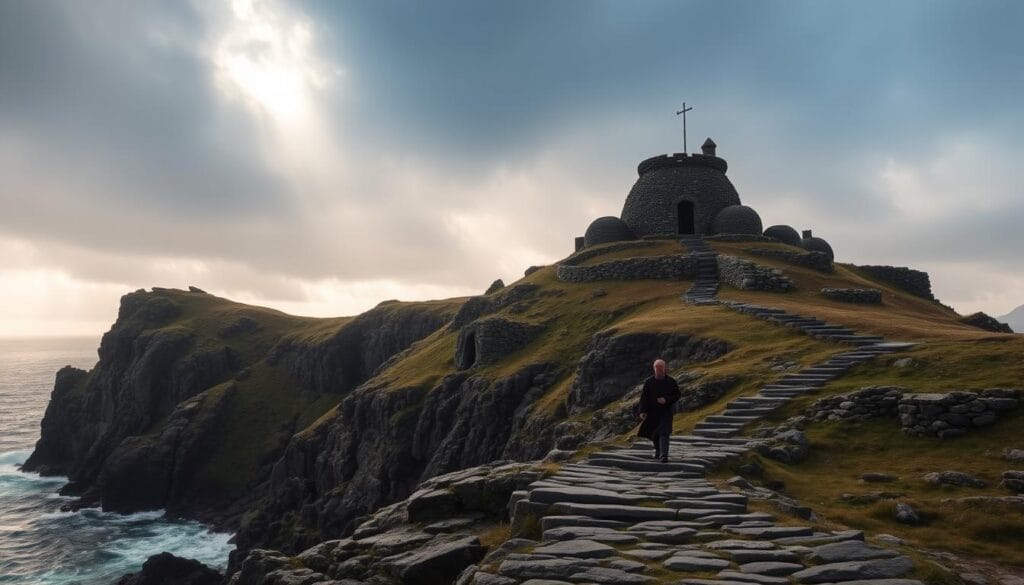 A rugged, windswept island in the Atlantic, the historic Skellig Islands monastery stands as a testament to the resilience and devotion of its monastic inhabitants. Atop the jagged cliffs, a cluster of ancient stone beehive huts and a well-preserved 6th century church rise against a moody, overcast sky. Sunlight filters through the clouds, casting a warm, ethereal glow over the weathered structures. In the foreground, a solitary monk strolls the uneven pathways, lost in contemplation. The surrounding ocean crashes against the rocky shores, a timeless rhythm that has echoed here for centuries. This isolated, sacred site evokes a profound sense of timelessness, inviting visitors to step back in time and immerse themselves in Ireland's rich monastic heritage. A rugged, windswept island in the Atlantic, the historic Skellig Islands monastery stands as a testament to the resilience and devotion of its monastic inhabitants. Atop the jagged cliffs, a cluster of ancient stone beehive huts and a well-preserved 6th century church rise against a moody, overcast sky. Sunlight filters through the clouds, casting a warm, ethereal glow over the weathered structures. In the foreground, a solitary monk strolls the uneven pathways, lost in contemplation. The surrounding ocean crashes against the rocky shores, a timeless rhythm that has echoed here for centuries. This isolated, sacred site evokes a profound sense of timelessness, inviting visitors to step back in time and immerse themselves in Ireland's rich monastic heritage.