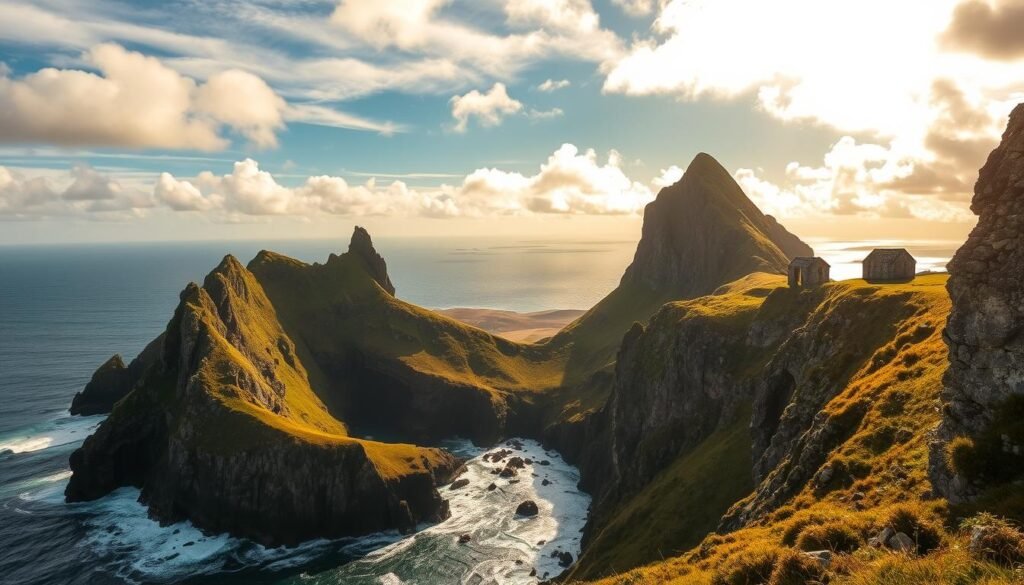 A rugged, windswept landscape of the Skellig Islands, Ireland. In the foreground, towering sea cliffs rise dramatically from the crashing waves below, their jagged peaks silhouetted against a dramatic sky. Scattered across the islands' slopes, ancient stone monastic structures cling precariously, hinting at the region's rich history. The middle ground is a patchwork of rocky outcrops and lush, wind-swept vegetation, while the distant horizon is a panorama of the vast, open Atlantic Ocean. Warm, golden sunlight filters through scattered clouds, casting a serene, ethereal glow over the entire scene. Captured with a wide-angle lens, this image conveys the Skellig Islands' awe-inspiring natural beauty and sense of timeless tranquility. A rugged, windswept landscape of the Skellig Islands, Ireland. In the foreground, towering sea cliffs rise dramatically from the crashing waves below, their jagged peaks silhouetted against a dramatic sky. Scattered across the islands' slopes, ancient stone monastic structures cling precariously, hinting at the region's rich history. The middle ground is a patchwork of rocky outcrops and lush, wind-swept vegetation, while the distant horizon is a panorama of the vast, open Atlantic Ocean. Warm, golden sunlight filters through scattered clouds, casting a serene, ethereal glow over the entire scene. Captured with a wide-angle lens, this image conveys the Skellig Islands' awe-inspiring natural beauty and sense of timeless tranquility.
