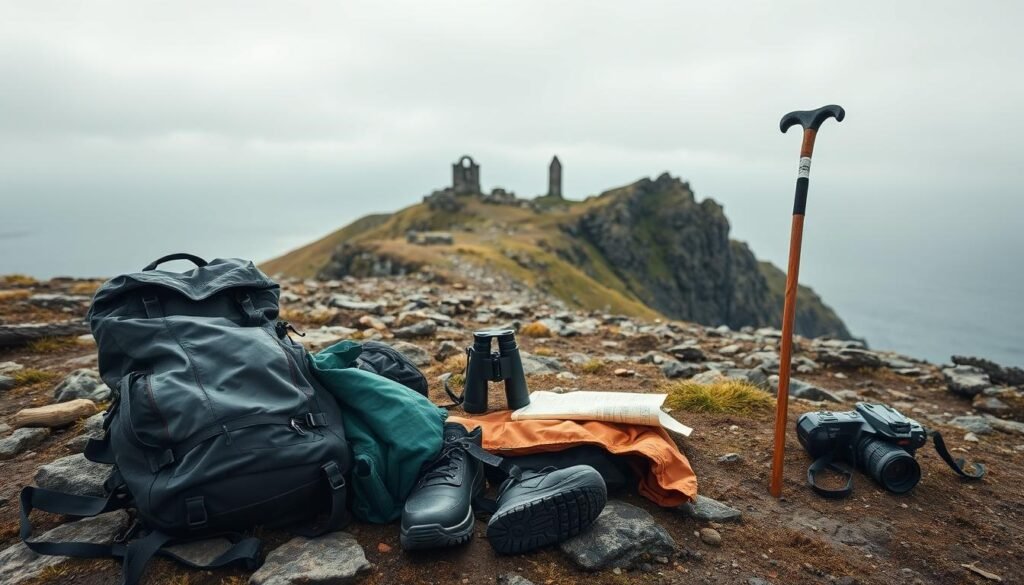 A rugged, windswept landscape on the Skellig Islands, Ireland. In the foreground, a backpack, hiking boots, and a rain jacket lie neatly arranged, hinting at the essentials needed for this remote adventure. The middle ground features binoculars, a map, and a sturdy walking stick, all crucial for navigating the steep, rocky terrain. In the background, the dramatic silhouette of the islands' ancient monastic ruins stands against a moody, overcast sky, conveying the sense of history and isolation that draws visitors here. Soft, diffused natural lighting casts a sense of tranquility over the scene, while a subtle vignette effect heightens the sense of adventure and exploration. A rugged, windswept landscape on the Skellig Islands, Ireland. In the foreground, a backpack, hiking boots, and a rain jacket lie neatly arranged, hinting at the essentials needed for this remote adventure. The middle ground features binoculars, a map, and a sturdy walking stick, all crucial for navigating the steep, rocky terrain. In the background, the dramatic silhouette of the islands' ancient monastic ruins stands against a moody, overcast sky, conveying the sense of history and isolation that draws visitors here. Soft, diffused natural lighting casts a sense of tranquility over the scene, while a subtle vignette effect heightens the sense of adventure and exploration.