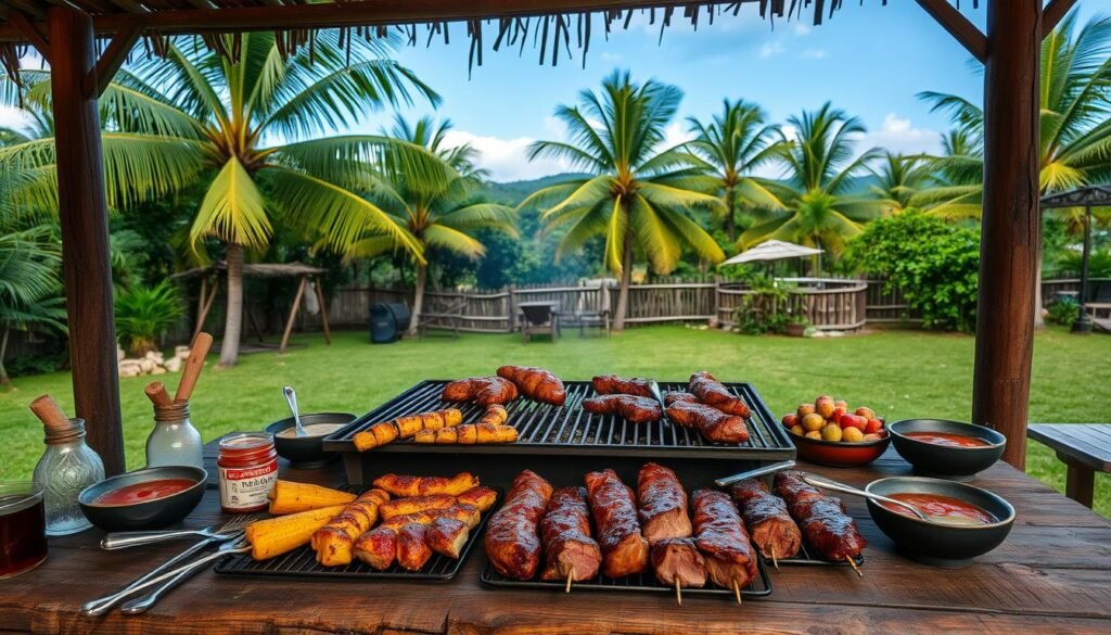 A rustic, open-air Brazilian BBQ grill setup in a lush, verdant backyard. The centerpiece is a large, charcoal-fired grill with thick metal grates, surrounded by an array of tongs, skewers, and sauces. Nearby, a weathered wooden table holds an assortment of grilled meats, including sizzling, juicy steaks and seasoned, flame-kissed vegetables. Soft, warm lighting casts a cozy glow, while the backdrop features a row of tall, swaying palm trees and a glimpse of a clear, azure sky. The scene exudes the celebratory, relaxed atmosphere of an authentic Brazilian churrasco. A rustic, open-air Brazilian BBQ grill setup in a lush, verdant backyard. The centerpiece is a large, charcoal-fired grill with thick metal grates, surrounded by an array of tongs, skewers, and sauces. Nearby, a weathered wooden table holds an assortment of grilled meats, including sizzling, juicy steaks and seasoned, flame-kissed vegetables. Soft, warm lighting casts a cozy glow, while the backdrop features a row of tall, swaying palm trees and a glimpse of a clear, azure sky. The scene exudes the celebratory, relaxed atmosphere of an authentic Brazilian churrasco.