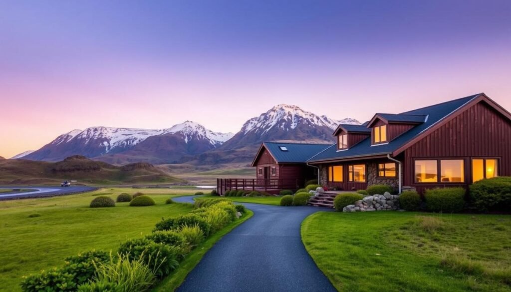 A scenic Icelandic landscape at golden hour, featuring a cozy hotel nestled among rolling hills, with a majestic mountain range in the background. The hotel's exterior exudes a rustic, Nordic charm, with a mix of wood and stone accents. Warm lighting emanates from the windows, inviting travelers to step inside. In the foreground, a well-maintained path leads towards the hotel's entrance, flanked by lush, verdant vegetation. The overall mood is one of tranquility and wonder, capturing the essence of Iceland's natural beauty and the convenience of staying near major attractions. A scenic Icelandic landscape at golden hour, featuring a cozy hotel nestled among rolling hills, with a majestic mountain range in the background. The hotel's exterior exudes a rustic, Nordic charm, with a mix of wood and stone accents. Warm lighting emanates from the windows, inviting travelers to step inside. In the foreground, a well-maintained path leads towards the hotel's entrance, flanked by lush, verdant vegetation. The overall mood is one of tranquility and wonder, capturing the essence of Iceland's natural beauty and the convenience of staying near major attractions.