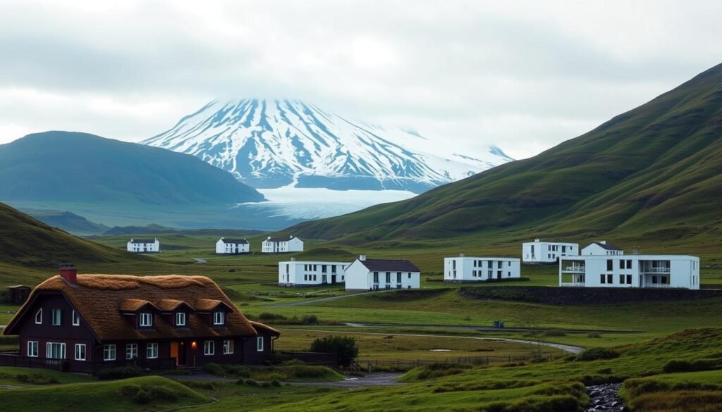 A scenic Icelandic landscape with mid-range hotels nestled between rolling hills and snow-capped mountains. In the foreground, a cozy hotel with a traditional turf-roofed exterior, surrounded by lush greenery. In the middle ground, several modern, minimalist hotels with clean lines and large windows, blending seamlessly into the natural setting. In the background, a majestic glacier-capped peak rises into a moody, overcast sky, casting a serene, peaceful atmosphere over the scene. Soft, diffused lighting illuminates the hotels, highlighting their warm, welcoming ambiance. The composition captures the balance of rustic charm and contemporary design that defines Iceland's mid-range hotel offerings. A scenic Icelandic landscape with mid-range hotels nestled between rolling hills and snow-capped mountains. In the foreground, a cozy hotel with a traditional turf-roofed exterior, surrounded by lush greenery. In the middle ground, several modern, minimalist hotels with clean lines and large windows, blending seamlessly into the natural setting. In the background, a majestic glacier-capped peak rises into a moody, overcast sky, casting a serene, peaceful atmosphere over the scene. Soft, diffused lighting illuminates the hotels, highlighting their warm, welcoming ambiance. The composition captures the balance of rustic charm and contemporary design that defines Iceland's mid-range hotel offerings.