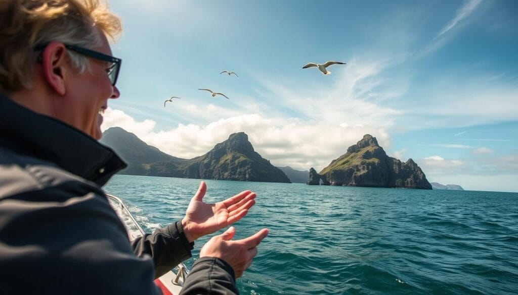 A scenic boat tour glides across the calm, emerald waters of the Skellig Islands, the ancient monastic site silhouetted against the horizon. In the foreground, a knowledgeable guide gestures animatedly, describing the UNESCO World Heritage landscape's rich history and unique wildlife. Sunlight filters through wispy clouds, casting a warm, golden glow over the rugged, wave-sculpted cliffs. Seabirds soar effortlessly above the dramatic coastline, completing the serene, awe-inspiring scene. A close-up, wide-angle lens captures the immersive, first-hand experience of exploring this remote, mystical Irish wonder with a local expert. A scenic boat tour glides across the calm, emerald waters of the Skellig Islands, the ancient monastic site silhouetted against the horizon. In the foreground, a knowledgeable guide gestures animatedly, describing the UNESCO World Heritage landscape's rich history and unique wildlife. Sunlight filters through wispy clouds, casting a warm, golden glow over the rugged, wave-sculpted cliffs. Seabirds soar effortlessly above the dramatic coastline, completing the serene, awe-inspiring scene. A close-up, wide-angle lens captures the immersive, first-hand experience of exploring this remote, mystical Irish wonder with a local expert.