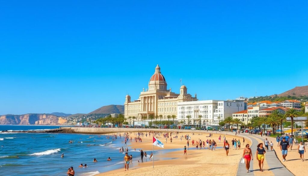 A scenic coastal cityscape of Mar del Plata, Argentina, on a sunny summer day. In the foreground, lively beachgoers stroll along the promenade, enjoying the warm sand and glistening waves. The middle ground features the iconic Casino and Municipal Palace, their grand neoclassical architecture standing tall against the blue sky. In the background, rolling hills and cliffs frame the horizon, dotted with palm trees and picturesque vacation homes. The scene is illuminated by soft, natural lighting, capturing the vibrant, relaxed atmosphere of this popular beach destination. A wide-angle lens ensures a comprehensive view of the area's key attractions, inviting the viewer to explore this charming coastal locale. A scenic coastal cityscape of Mar del Plata, Argentina, on a sunny summer day. In the foreground, lively beachgoers stroll along the promenade, enjoying the warm sand and glistening waves. The middle ground features the iconic Casino and Municipal Palace, their grand neoclassical architecture standing tall against the blue sky. In the background, rolling hills and cliffs frame the horizon, dotted with palm trees and picturesque vacation homes. The scene is illuminated by soft, natural lighting, capturing the vibrant, relaxed atmosphere of this popular beach destination. A wide-angle lens ensures a comprehensive view of the area's key attractions, inviting the viewer to explore this charming coastal locale.