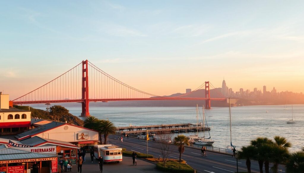 A scenic view of the iconic Golden Gate Bridge spanning across the tranquil San Francisco Bay, bathed in the warm glow of an October sunset. In the foreground, a bustling Fisherman's Wharf with quaint seafood stalls and cable cars, conveying the mild, laidback vibes of the city. Along the shoreline, joggers and cyclists enjoy the crisp, refreshing air, while sailboats dot the glistening waters. The city skyline rises majestically in the background, with the distinctive Coit Tower and skyscrapers silhouetted against a vibrant, hazy sky. Soft, diffused lighting and a dreamy, autumnal color palette create a welcoming, nostalgic atmosphere, capturing the essence of San Francisco in October.