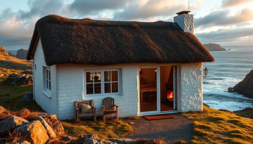 A seaside cottage nestled amidst the rugged Skellig Islands, its whitewashed walls and thatched roof bathed in the soft, golden glow of the setting sun. The front porch offers a panoramic view of the crashing waves and distant, jagged cliffs. Inside, the cozy interior features warm, wooden furnishings and a crackling fireplace, inviting weary travelers to rest and soak in the tranquil island atmosphere. The scene is captured through a wide-angle lens, emphasizing the striking contrast between the humble accommodation and the dramatic, windswept landscape that surrounds it. A seaside cottage nestled amidst the rugged Skellig Islands, its whitewashed walls and thatched roof bathed in the soft, golden glow of the setting sun. The front porch offers a panoramic view of the crashing waves and distant, jagged cliffs. Inside, the cozy interior features warm, wooden furnishings and a crackling fireplace, inviting weary travelers to rest and soak in the tranquil island atmosphere. The scene is captured through a wide-angle lens, emphasizing the striking contrast between the humble accommodation and the dramatic, windswept landscape that surrounds it.