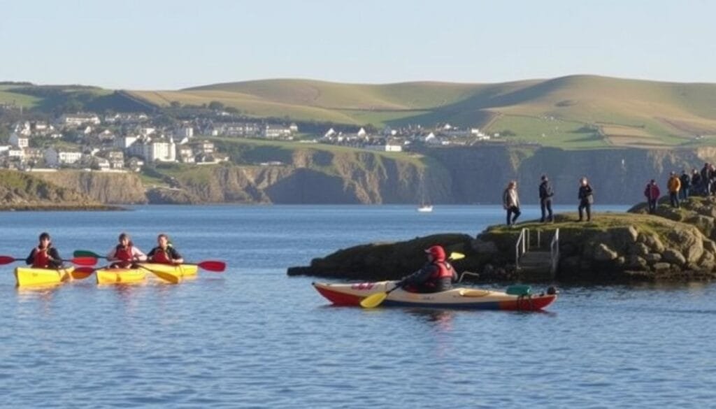 A seaside town in southwest Ireland, Kinsale is a picturesque setting for outdoor adventures. In the foreground, a group of kayakers paddle along the tranquil harbor, with their colorful boats reflected in the calm waters. In the middle ground, hikers ascend a winding coastal trail, taking in panoramic views of the rugged cliffs and the sparkling Atlantic Ocean. In the background, the historic buildings of Kinsale's charming town center nestle between rolling green hills, bathed in warm, golden sunlight. The scene conveys a sense of peaceful serenity and the joy of connecting with the natural beauty of this idyllic Irish destination. A seaside town in southwest Ireland, Kinsale is a picturesque setting for outdoor adventures. In the foreground, a group of kayakers paddle along the tranquil harbor, with their colorful boats reflected in the calm waters. In the middle ground, hikers ascend a winding coastal trail, taking in panoramic views of the rugged cliffs and the sparkling Atlantic Ocean. In the background, the historic buildings of Kinsale's charming town center nestle between rolling green hills, bathed in warm, golden sunlight. The scene conveys a sense of peaceful serenity and the joy of connecting with the natural beauty of this idyllic Irish destination.