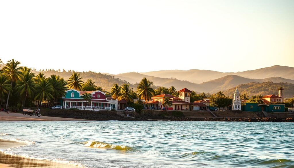A serene Brazilian landscape during the low season, captured under a warm, golden afternoon light. In the foreground, a tranquil beach with gentle waves lapping at the shore, flanked by swaying palm trees. The middle ground features a bustling yet uncrowded town, with colorful colonial-style buildings and locals going about their daily lives. In the distance, lush, rolling hills create a picturesque backdrop, hazy with a touch of atmospheric perspective. The overall mood is one of relaxation and exploration, inviting the viewer to immerse themselves in the slower pace and lesser-known charms of Brazil's off-peak travel period.