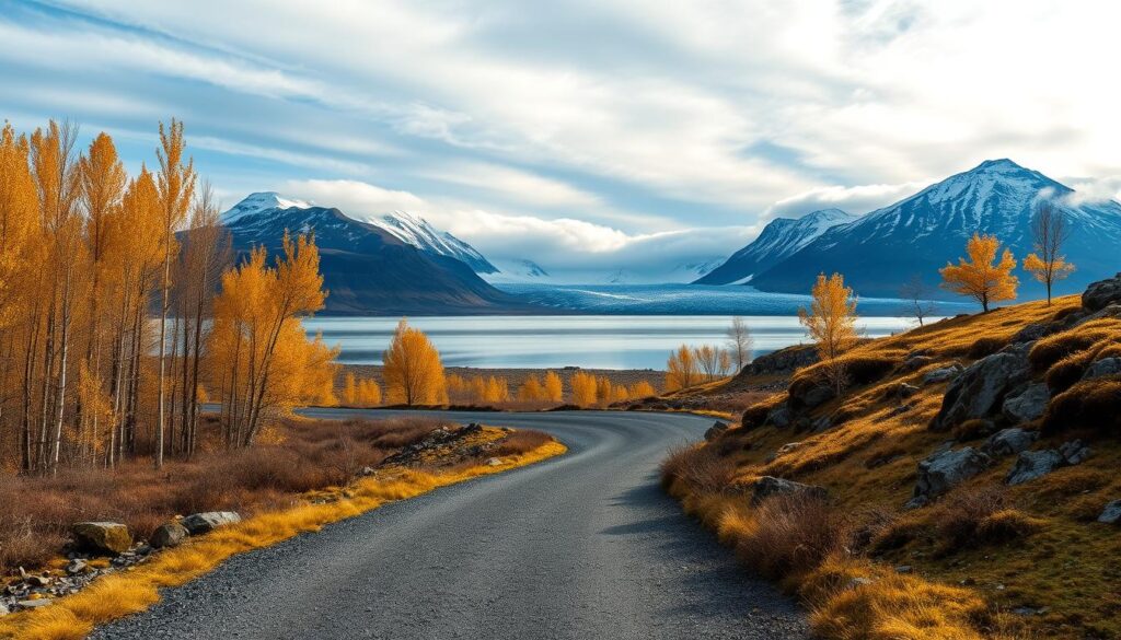 A serene Icelandic landscape in autumn, captured through the lens of a wide-angle camera. In the foreground, a winding gravel road winds its way through a tapestry of golden birch trees and mossy rocks. In the middle ground, a pristine glacial lake reflects the dramatic sky, its waters shimmering in the soft, diffused light. Towering mountains, their peaks shrouded in wispy clouds, dominate the background, creating a sense of scale and grandeur. The scene evokes a feeling of tranquility and adventure, hinting at the seasonal accessibility and transportation options available to the discerning traveler. A nextstopin guide to navigating Iceland's roads and landscapes. A serene Icelandic landscape in autumn, captured through the lens of a wide-angle camera. In the foreground, a winding gravel road winds its way through a tapestry of golden birch trees and mossy rocks. In the middle ground, a pristine glacial lake reflects the dramatic sky, its waters shimmering in the soft, diffused light. Towering mountains, their peaks shrouded in wispy clouds, dominate the background, creating a sense of scale and grandeur. The scene evokes a feeling of tranquility and adventure, hinting at the seasonal accessibility and transportation options available to the discerning traveler. A nextstopin guide to navigating Iceland's roads and landscapes.