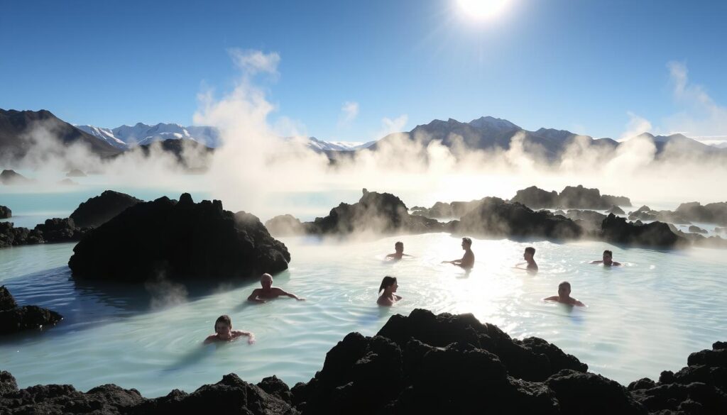 A serene geothermal pool nestled amidst volcanic landscapes, the Blue Lagoon in Iceland is a natural wonder. Crystal-clear turquoise waters are surrounded by rugged, snow-capped mountains in the distance. Wispy, ethereal steam rises from the mineral-rich waters, creating an otherworldly atmosphere. Bathers relax and unwind, their silhouettes visible through the mist. Dramatic lighting from the sun casts long shadows, highlighting the textured, rocky terrain. The scene evokes a sense of tranquility and relaxation, inviting the viewer to immerse themselves in this unique geothermal spa experience.