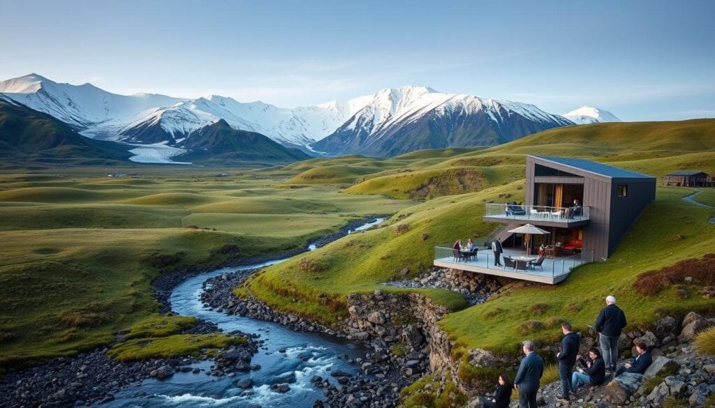 A serene landscape of rolling green hills and pristine glacier-fed streams, set against the backdrop of majestic snow-capped mountains. In the foreground, a modern, eco-friendly hotel blends seamlessly with its natural surroundings, its sleek, energy-efficient design complemented by the use of sustainable materials and renewable energy sources. Guests can be seen enjoying the outdoor terrace, taking in the breathtaking views of the Icelandic wilderness. The lighting is soft and natural, accentuating the hotel's commitment to environmental responsibility. The overall atmosphere evokes a sense of harmony between human-made structures and the untamed beauty of the Icelandic countryside. A serene landscape of rolling green hills and pristine glacier-fed streams, set against the backdrop of majestic snow-capped mountains. In the foreground, a modern, eco-friendly hotel blends seamlessly with its natural surroundings, its sleek, energy-efficient design complemented by the use of sustainable materials and renewable energy sources. Guests can be seen enjoying the outdoor terrace, taking in the breathtaking views of the Icelandic wilderness. The lighting is soft and natural, accentuating the hotel's commitment to environmental responsibility. The overall atmosphere evokes a sense of harmony between human-made structures and the untamed beauty of the Icelandic countryside.