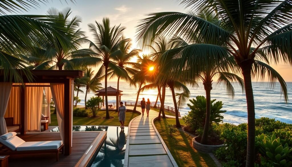 A serene oceanfront wellness spa retreat, nestled amidst swaying palm trees and crystalline waters. The foreground showcases a luxurious outdoor spa pavilion, featuring minimalist wooden decor and plush lounge chairs overlooking the horizon. In the middle ground, guests stroll along a winding pathway, surrounded by lush tropical foliage and the soothing sound of crashing waves. The background depicts the breathtaking coastline, with a picturesque sunset casting a warm, golden glow across the tranquil ocean. Diffused natural lighting filters through, creating a calming, rejuvenating atmosphere perfect for a coastal wellness escape. A serene oceanfront wellness spa retreat, nestled amidst swaying palm trees and crystalline waters. The foreground showcases a luxurious outdoor spa pavilion, featuring minimalist wooden decor and plush lounge chairs overlooking the horizon. In the middle ground, guests stroll along a winding pathway, surrounded by lush tropical foliage and the soothing sound of crashing waves. The background depicts the breathtaking coastline, with a picturesque sunset casting a warm, golden glow across the tranquil ocean. Diffused natural lighting filters through, creating a calming, rejuvenating atmosphere perfect for a coastal wellness escape.