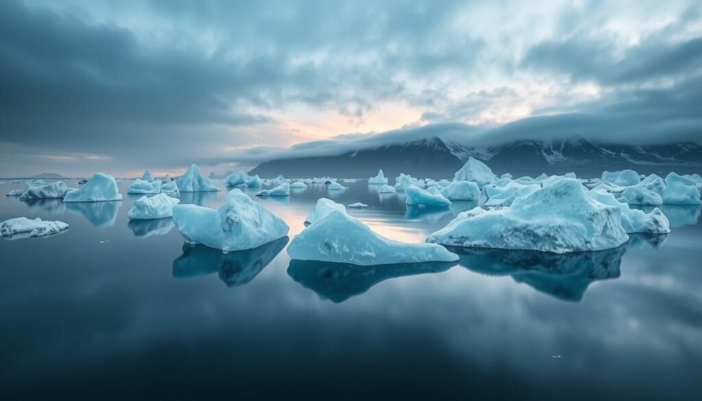 A serene, twilight scene of Jokulsarlon Glacier Lagoon, located in the southeastern region of Iceland. Vast, luminous icebergs float gracefully across the still, mirror-like waters, their intricate, crystalline forms casting ethereal reflections. Hues of blue, white, and gray create a mesmerizing, otherworldly atmosphere, accentuated by the soft, warm glow of the setting sun peeking through the cloudy sky. In the distance, the rugged, snow-capped peaks of the Vatnajökull glacier loom, adding a sense of majestic scale to the tranquil, dreamlike landscape. The camera's wide-angle lens captures the full, awe-inspiring grandeur of this natural wonder, inviting the viewer to immerse themselves in the serene, enchanting beauty of Jokulsarlon.