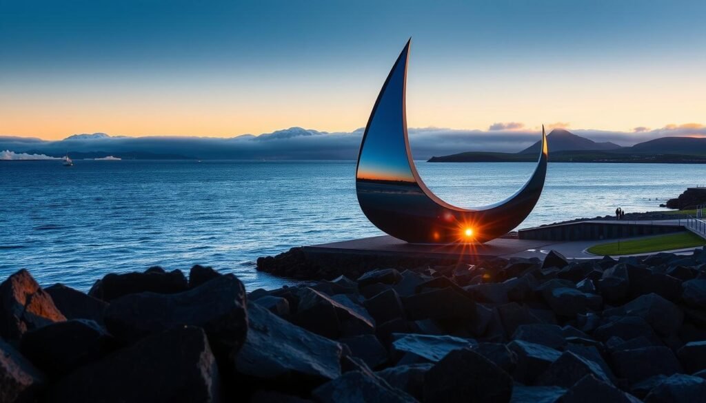 A serene, twilight scene of the iconic Sun Voyager sculpture, standing proud on the Reykjavik coastline. The sleek, stainless steel structure rises gracefully against a backdrop of the North Atlantic Ocean, its fluid, ship-like form evoking a sense of adventure and exploration. Warm, golden light from the setting sun casts a gentle glow, illuminating the sculpture's smooth, reflective surface. In the foreground, the rugged, basalt rocks of the Icelandic shoreline provide a natural contrast, while in the distance, the majestic mountains of the Snaefellsnes peninsula rise up, shrouded in a hazy, atmospheric haze. The overall scene conveys a mood of tranquility, wonder, and the timeless, enduring spirit of Iceland's natural beauty. A serene, twilight scene of the iconic Sun Voyager sculpture, standing proud on the Reykjavik coastline. The sleek, stainless steel structure rises gracefully against a backdrop of the North Atlantic Ocean, its fluid, ship-like form evoking a sense of adventure and exploration. Warm, golden light from the setting sun casts a gentle glow, illuminating the sculpture's smooth, reflective surface. In the foreground, the rugged, basalt rocks of the Icelandic shoreline provide a natural contrast, while in the distance, the majestic mountains of the Snaefellsnes peninsula rise up, shrouded in a hazy, atmospheric haze. The overall scene conveys a mood of tranquility, wonder, and the timeless, enduring spirit of Iceland's natural beauty.