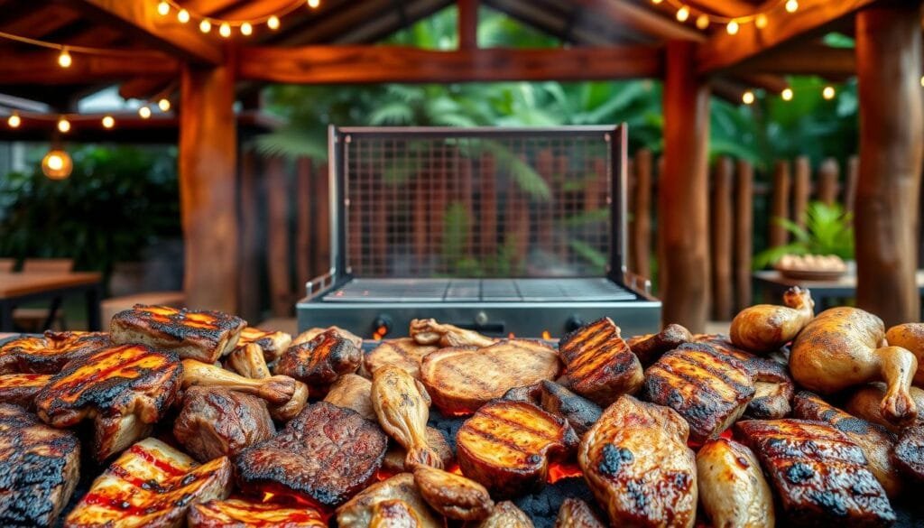 A sizzling display of seared meats grilled over an open charcoal pit, surrounded by a lively outdoor setting. In the foreground, tender cuts of beef, pork, and chicken sizzle and char, their smoky aromas wafting through the air. In the middle ground, a traditional Brazilian churrasco grill stands tall, its metal grates and glowing embers showcasing the culinary prowess of the skilled gaucho chefs. In the background, a rustic wooden structure frames the scene, creating a cozy, convivial atmosphere evocative of the Brazilian countryside. Warm, golden lighting casts a welcoming glow, while a vibrant, lush greenery backdrop suggests a vibrant, natural setting. The overall impression is one of authentic, mouthwatering Brazilian barbecue, ready to transport the viewer to the heart of this iconic culinary tradition. A sizzling display of seared meats grilled over an open charcoal pit, surrounded by a lively outdoor setting. In the foreground, tender cuts of beef, pork, and chicken sizzle and char, their smoky aromas wafting through the air. In the middle ground, a traditional Brazilian churrasco grill stands tall, its metal grates and glowing embers showcasing the culinary prowess of the skilled gaucho chefs. In the background, a rustic wooden structure frames the scene, creating a cozy, convivial atmosphere evocative of the Brazilian countryside. Warm, golden lighting casts a welcoming glow, while a vibrant, lush greenery backdrop suggests a vibrant, natural setting. The overall impression is one of authentic, mouthwatering Brazilian barbecue, ready to transport the viewer to the heart of this iconic culinary tradition.