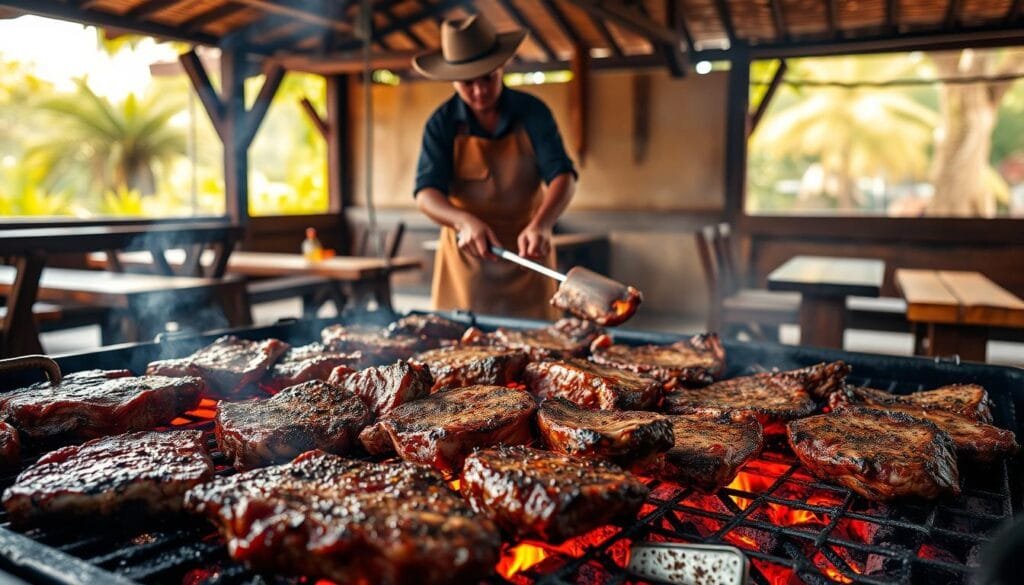 A sizzling scene of a traditional Brazilian churrasco grilling technique. In the foreground, juicy cuts of seasoned beef sizzle over a hot charcoal grill, their smoky aroma wafting through the air. In the middle ground, a skilled gaucho, clad in a rugged leather apron, expertly tends to the meat, rotating and basting with precision. The background is bathed in a warm, golden glow, with a rustic, open-air setting featuring wooden benches and lush greenery, evoking the laidback ambiance of a Brazilian churrascaria. The image captures the essence of this time-honored culinary tradition, showcasing the skill, passion, and cultural heritage behind the art of Brazilian churrasco grilling. A sizzling scene of a traditional Brazilian churrasco grilling technique. In the foreground, juicy cuts of seasoned beef sizzle over a hot charcoal grill, their smoky aroma wafting through the air. In the middle ground, a skilled gaucho, clad in a rugged leather apron, expertly tends to the meat, rotating and basting with precision. The background is bathed in a warm, golden glow, with a rustic, open-air setting featuring wooden benches and lush greenery, evoking the laidback ambiance of a Brazilian churrascaria. The image captures the essence of this time-honored culinary tradition, showcasing the skill, passion, and cultural heritage behind the art of Brazilian churrasco grilling.