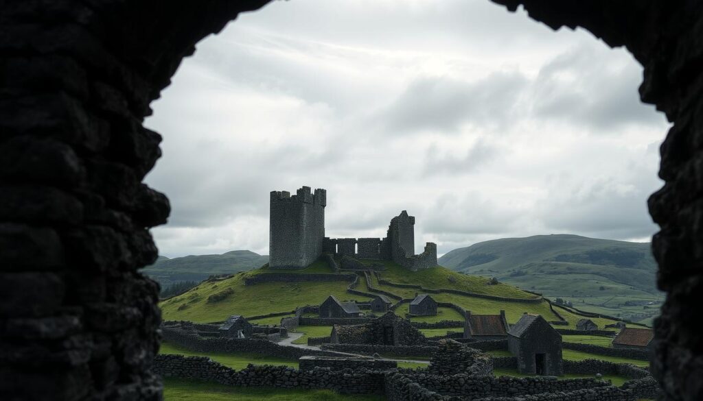 A sprawling Irish castle ruin, its weathered stone walls and towers standing tall against a moody, windswept landscape. In the foreground, a crumbling archway frames a scene of rolling green hills, dotted with ancient stone walls and the occasional cluster of thatched-roof cottages. Wispy clouds drift across a silver-gray sky, casting dramatic shadows over the rugged terrain. The scene exudes a sense of timeless mystery and tranquility, inviting the viewer to step back in time and explore the rich history and natural beauty of the Emerald Isle.
