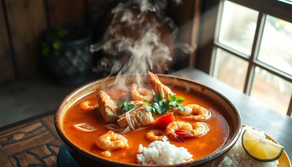 A steaming pot of moqueca, a traditional Brazilian seafood stew, sits on a rustic wooden table. The savory aroma of coconut milk, tomatoes, and fresh seafood fills the air. Bright red snapper and shrimp swim in the vibrant orange-red broth, accented by sliced onions, garlic, and coriander. Sunlight streams in through a nearby window, casting a warm glow over the scene. The dish is presented in a deep ceramic bowl, ready to be enjoyed alongside fluffy white rice and sliced lime wedges. The overall mood is one of comfort, flavor, and the essence of Brazilian coastal cuisine. A steaming pot of moqueca, a traditional Brazilian seafood stew, sits on a rustic wooden table. The savory aroma of coconut milk, tomatoes, and fresh seafood fills the air. Bright red snapper and shrimp swim in the vibrant orange-red broth, accented by sliced onions, garlic, and coriander. Sunlight streams in through a nearby window, casting a warm glow over the scene. The dish is presented in a deep ceramic bowl, ready to be enjoyed alongside fluffy white rice and sliced lime wedges. The overall mood is one of comfort, flavor, and the essence of Brazilian coastal cuisine.