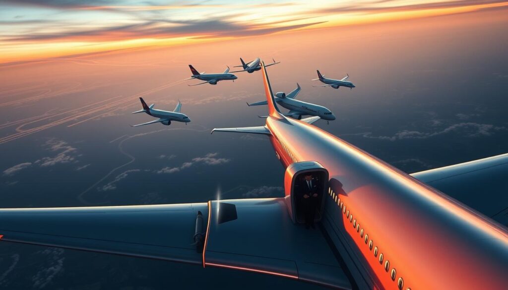 A striking aerial view of a fleet of sleek commercial airliners, representing the top airlines renowned for their comfort and service. In the foreground, a wide-body passenger jet with luxurious business class seating and attentive flight attendants. In the middle ground, a formation of narrow-body aircraft with spacious cabins and modern amenities. In the background, a hazy horizon of contrails and a vibrant sky, conveying a sense of global connectivity. Dramatic lighting illuminates the aircraft, casting dramatic shadows and highlights the aircraft's aerodynamic designs. The scene is captured with a crisp, cinematic lens, offering a premium, aspirational depiction of the airlines' commitment to passenger satisfaction. A striking aerial view of a fleet of sleek commercial airliners, representing the top airlines renowned for their comfort and service. In the foreground, a wide-body passenger jet with luxurious business class seating and attentive flight attendants. In the middle ground, a formation of narrow-body aircraft with spacious cabins and modern amenities. In the background, a hazy horizon of contrails and a vibrant sky, conveying a sense of global connectivity. Dramatic lighting illuminates the aircraft, casting dramatic shadows and highlights the aircraft's aerodynamic designs. The scene is captured with a crisp, cinematic lens, offering a premium, aspirational depiction of the airlines' commitment to passenger satisfaction.