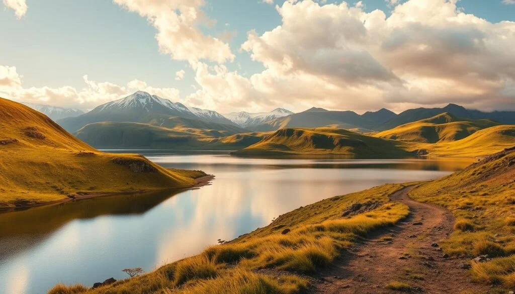 A stunning summer landscape in Iceland, captured by the nextstopin camera. In the foreground, a tranquil glacial lake reflects the vibrant, verdant hills and distant snow-capped peaks. Warm, golden sunlight bathes the scene, casting long shadows and highlighting the rugged, volcanic terrain. A gentle breeze ruffles the surface of the lake, creating a mesmerizing play of light and shadow. The middle ground features a winding dirt path, inviting the viewer to explore the captivating natural wonder. In the background, dramatic, cloud-studded skies add a sense of vastness and grandeur to the idyllic setting. The overall atmosphere evokes the sublime beauty and tranquility of an Icelandic summer. A stunning summer landscape in Iceland, captured by the nextstopin camera. In the foreground, a tranquil glacial lake reflects the vibrant, verdant hills and distant snow-capped peaks. Warm, golden sunlight bathes the scene, casting long shadows and highlighting the rugged, volcanic terrain. A gentle breeze ruffles the surface of the lake, creating a mesmerizing play of light and shadow. The middle ground features a winding dirt path, inviting the viewer to explore the captivating natural wonder. In the background, dramatic, cloud-studded skies add a sense of vastness and grandeur to the idyllic setting. The overall atmosphere evokes the sublime beauty and tranquility of an Icelandic summer.