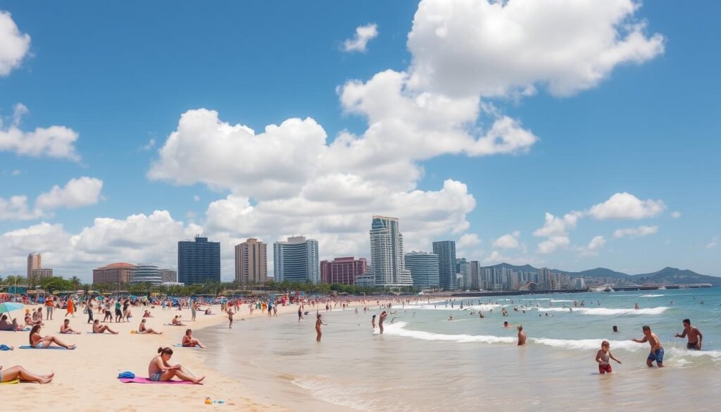 A sun-drenched beach in Mar del Plata, Argentina. In the foreground, people enjoying various activities - sunbathing on colorful towels, playing beach volleyball, and splashing in the crystal-clear waves. In the middle ground, families strolling along the promenade, vendors selling local snacks, and children building sandcastles. The background features the iconic high-rise buildings and hotels that line the coastline, with a vibrant blue sky dotted with fluffy white clouds overhead. The scene is captured with a wide-angle lens, conveying a sense of energy, leisure, and the lively coastal atmosphere of this beloved Argentinian beach destination. A sun-drenched beach in Mar del Plata, Argentina. In the foreground, people enjoying various activities - sunbathing on colorful towels, playing beach volleyball, and splashing in the crystal-clear waves. In the middle ground, families strolling along the promenade, vendors selling local snacks, and children building sandcastles. The background features the iconic high-rise buildings and hotels that line the coastline, with a vibrant blue sky dotted with fluffy white clouds overhead. The scene is captured with a wide-angle lens, conveying a sense of energy, leisure, and the lively coastal atmosphere of this beloved Argentinian beach destination.