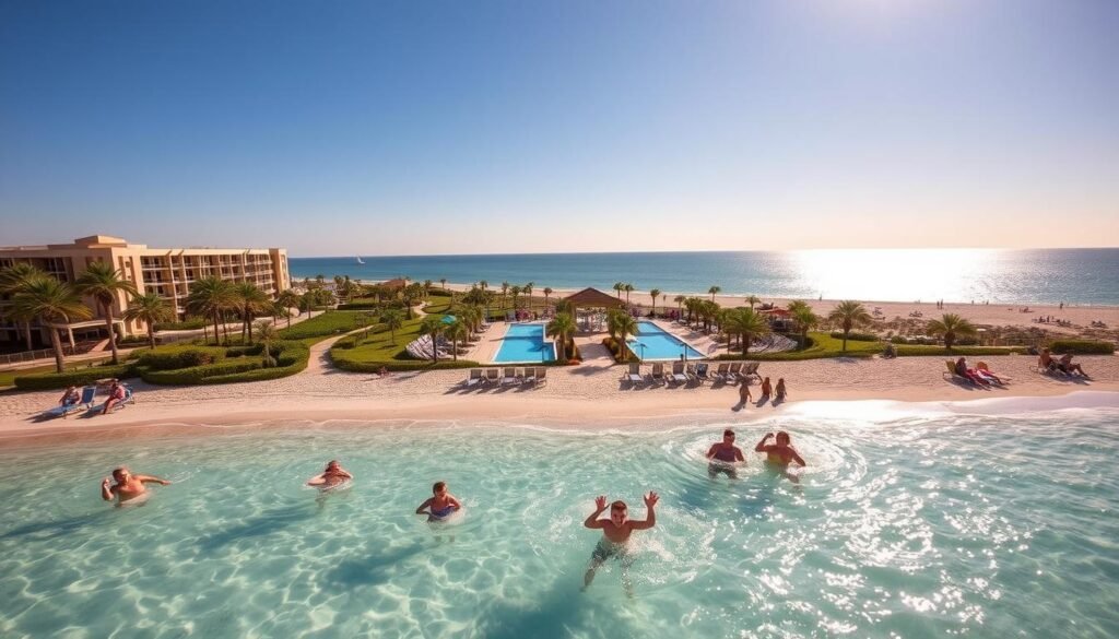 A sun-drenched, family-friendly beach resort nestled along the picturesque coastline of the United States. In the foreground, a group of children playfully splashing in the crystal-clear, turquoise waters, their laughter echoing across the sandy shore. Nearby, parents and grandparents relax on plush lounge chairs, sipping refreshing beverages and soaking in the warm, golden sunlight. In the middle ground, a sprawling resort complex with well-manicured tropical landscaping, inviting swimming pools, and colorful cabanas. In the background, a panoramic view of the endless horizon, where the azure sky seamlessly blends with the sparkling ocean. The scene exudes a sense of tranquility, joy, and the quintessential coastal escape that epitomizes the best of family-friendly beach resorts in the USA. A sun-drenched, family-friendly beach resort nestled along the picturesque coastline of the United States. In the foreground, a group of children playfully splashing in the crystal-clear, turquoise waters, their laughter echoing across the sandy shore. Nearby, parents and grandparents relax on plush lounge chairs, sipping refreshing beverages and soaking in the warm, golden sunlight. In the middle ground, a sprawling resort complex with well-manicured tropical landscaping, inviting swimming pools, and colorful cabanas. In the background, a panoramic view of the endless horizon, where the azure sky seamlessly blends with the sparkling ocean. The scene exudes a sense of tranquility, joy, and the quintessential coastal escape that epitomizes the best of family-friendly beach resorts in the USA.